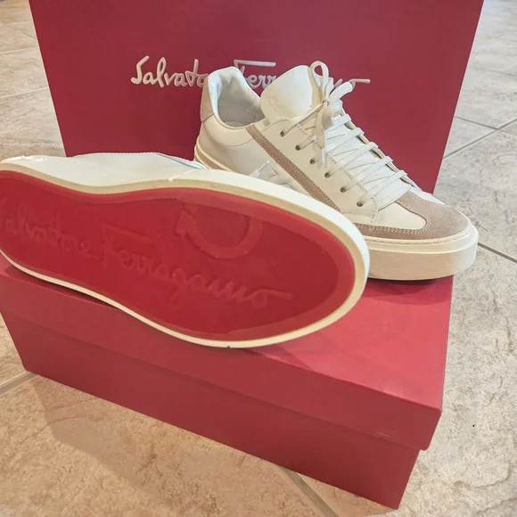 Salvatore Ferragamo White Leather Sneakers with Beige Suede Accents